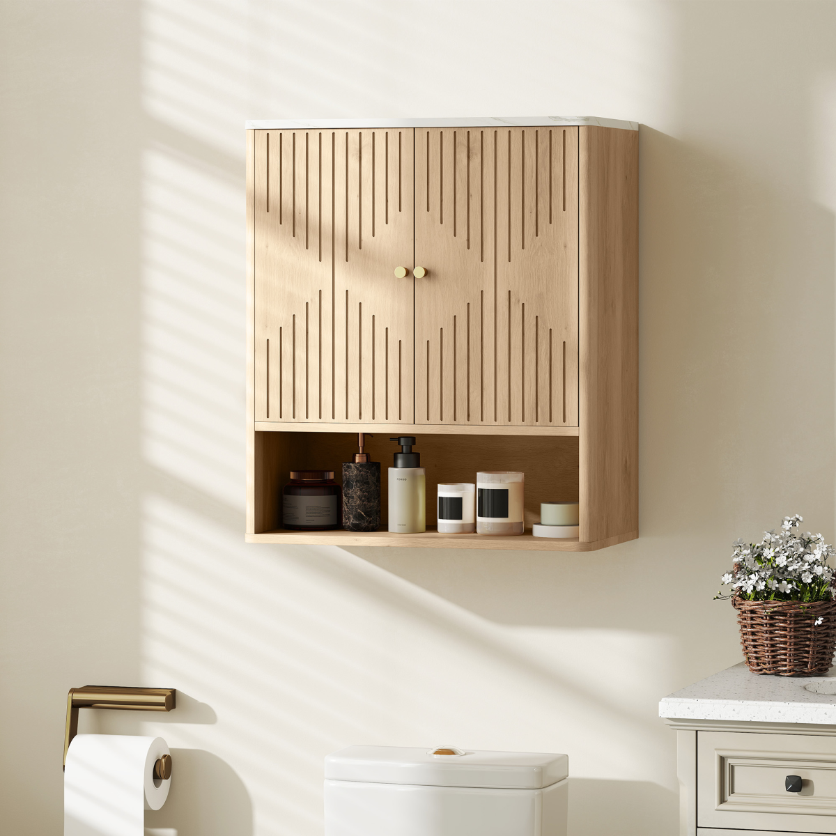HOMCOM Bathroom Wall Cabinet with Adjustable Shelf and Open Shelf, Oak