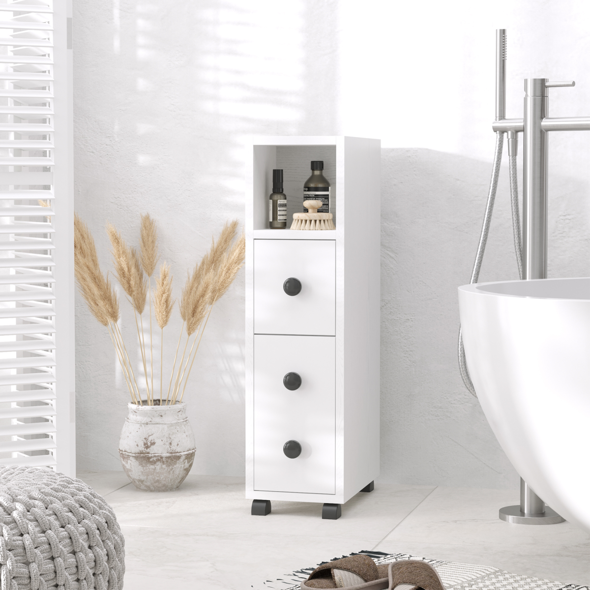 Slimline Bathroom Storage Unit with 2 Drawers 2 Open Compartments Wheels White