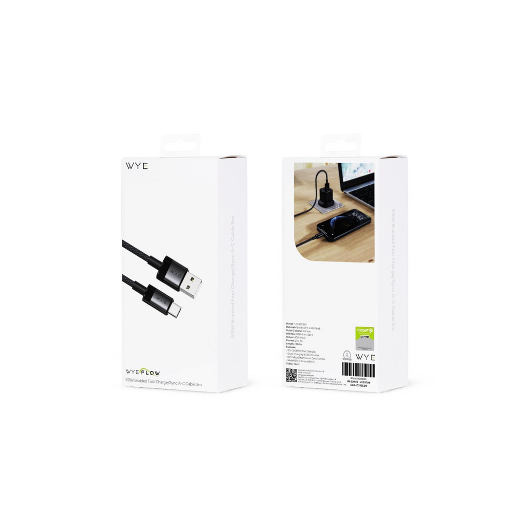 WYE 60W Braided Fast Charge/Sync A-C Cable 3m Black