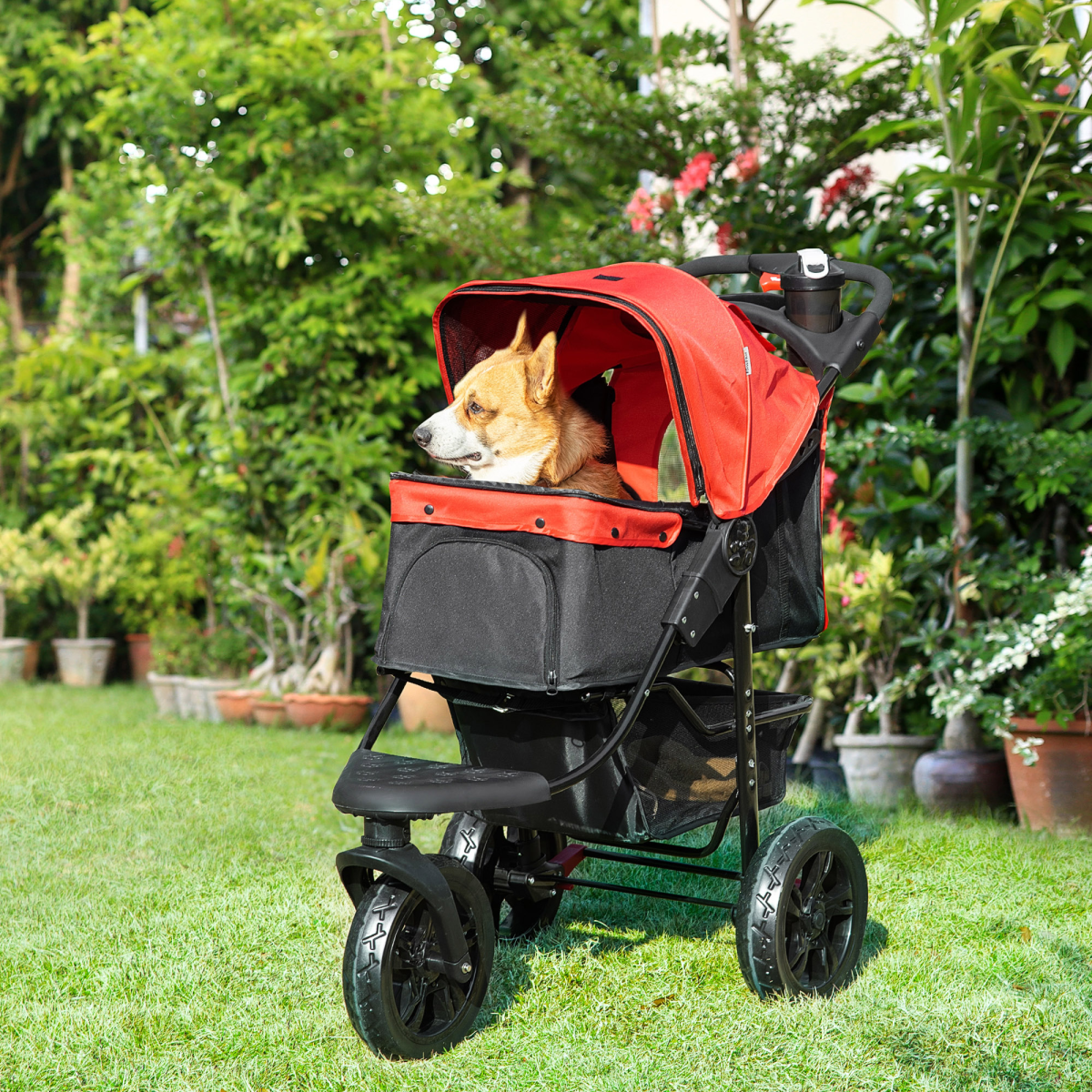 Folding 3 Wheel Pet Stroller Travel Adjustable Canopy Storage Brake Red Pawhut
