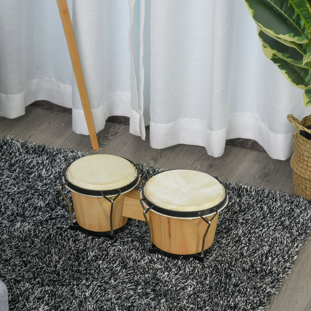 Wooden Bongo Drum Set with Sheepskin Drum Head 7.75" & 7" Tuning Wrench HOMCOM