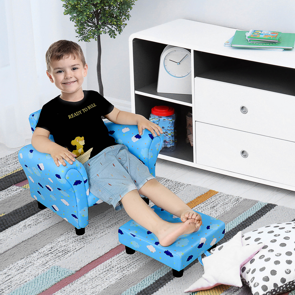 Cute Cloud Star Child Armchair Seat Wood Frame with Footrest Padding Blue