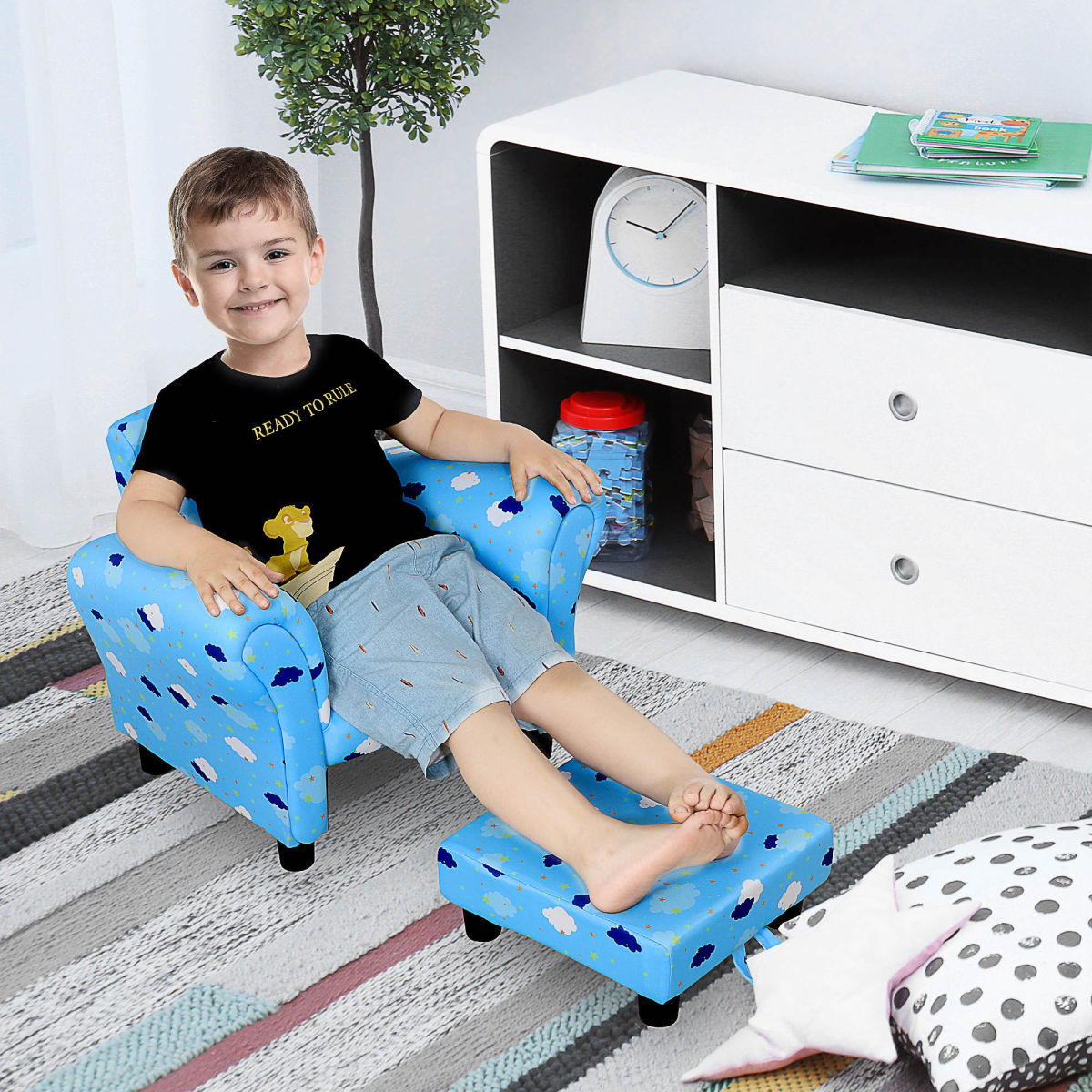 Cute Cloud Star Child Armchair Seat Wood Frame with Footrest Padding Blue