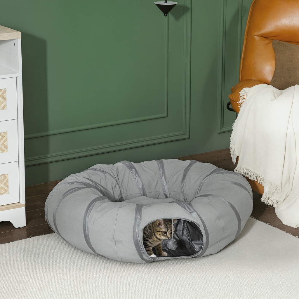 PawHut 2 in 1 Cat Tunnel with Bed, Cat Play Tunnel for Indoor Cats, Grey