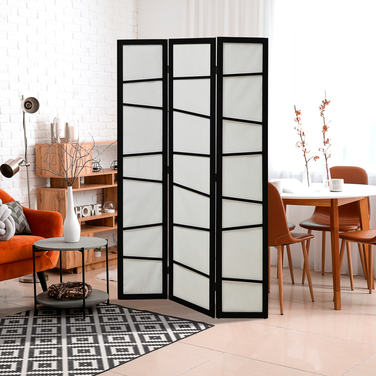 HOMCOM Folding Room Divider 3 Panel Privacy Screen Protector with Wooden Frame