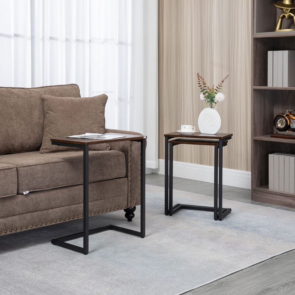 HOMCOM C-Shaped Nesting Tables Set of 3 with Steel Frame, Rustic Brown