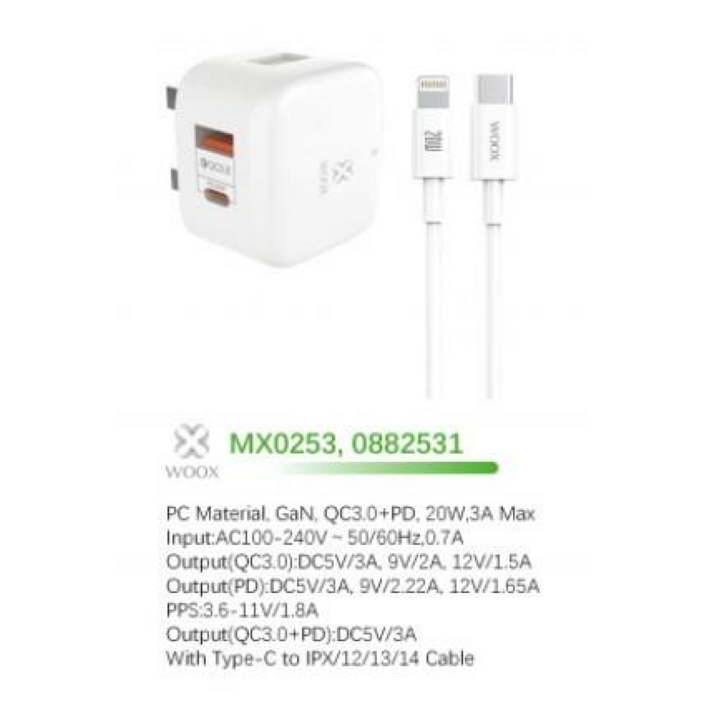 WOOX MX0253 20W PD+QC Home Charger with Type-C to Lightening Fast Cable, 5V 3A, White