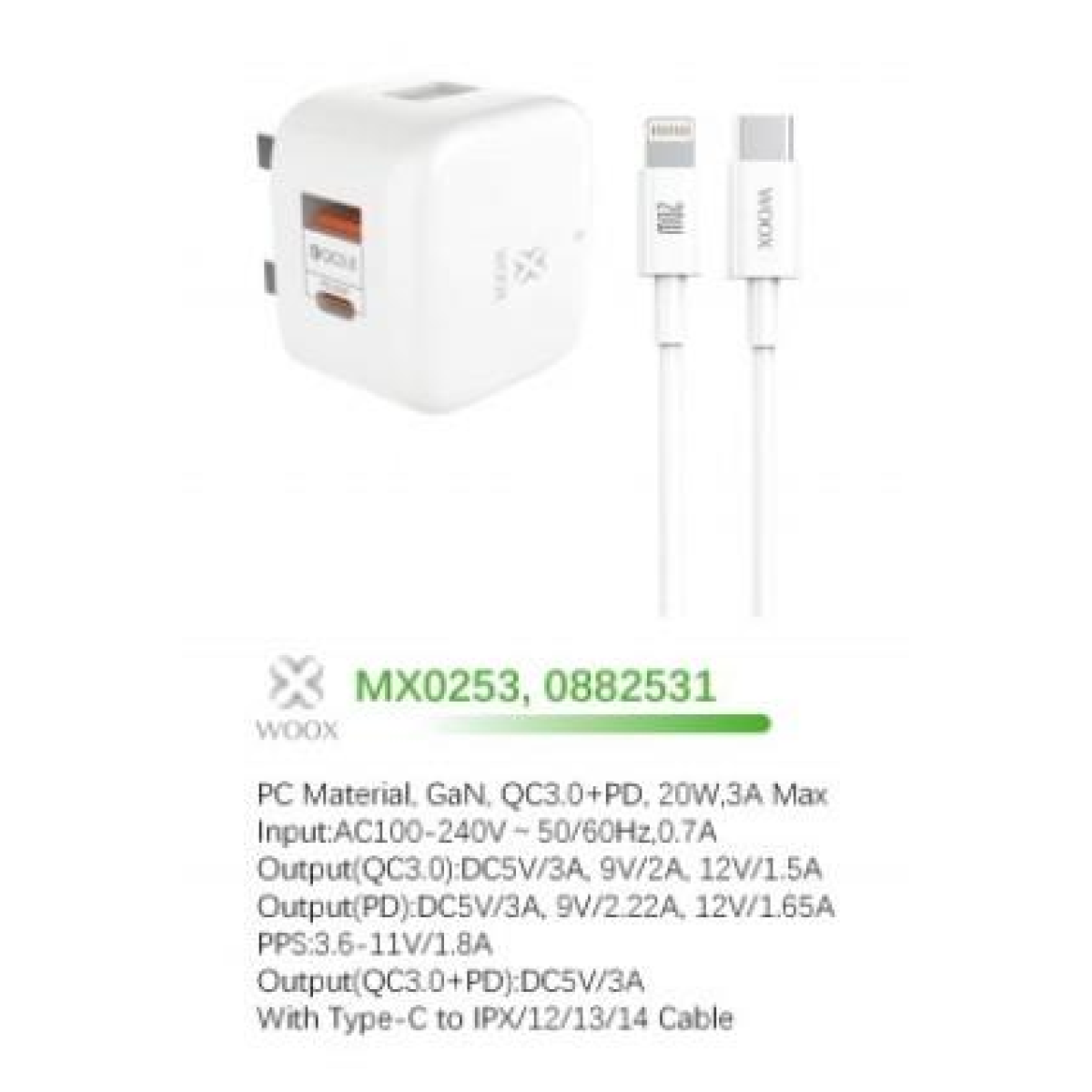 WOOX MX0253 20W PD+QC Home Charger with Type-C to Lightening Fast Cable, 5V 3A, White
