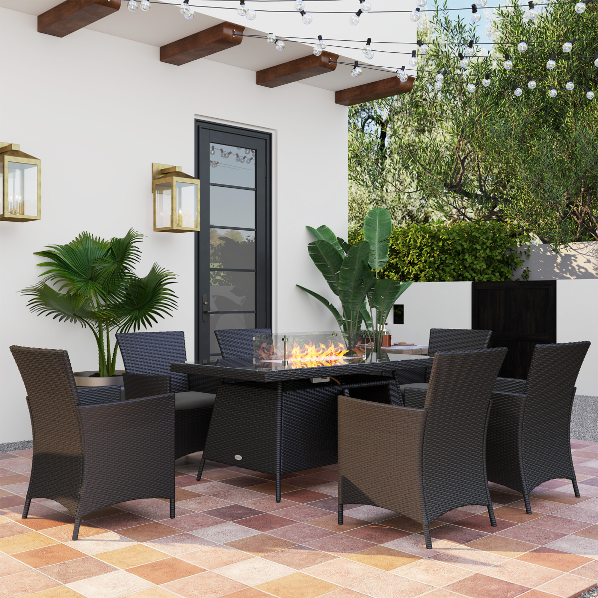 Outsunny Rattan Dining Set with Fire Pit Table and Armchairs, Black
