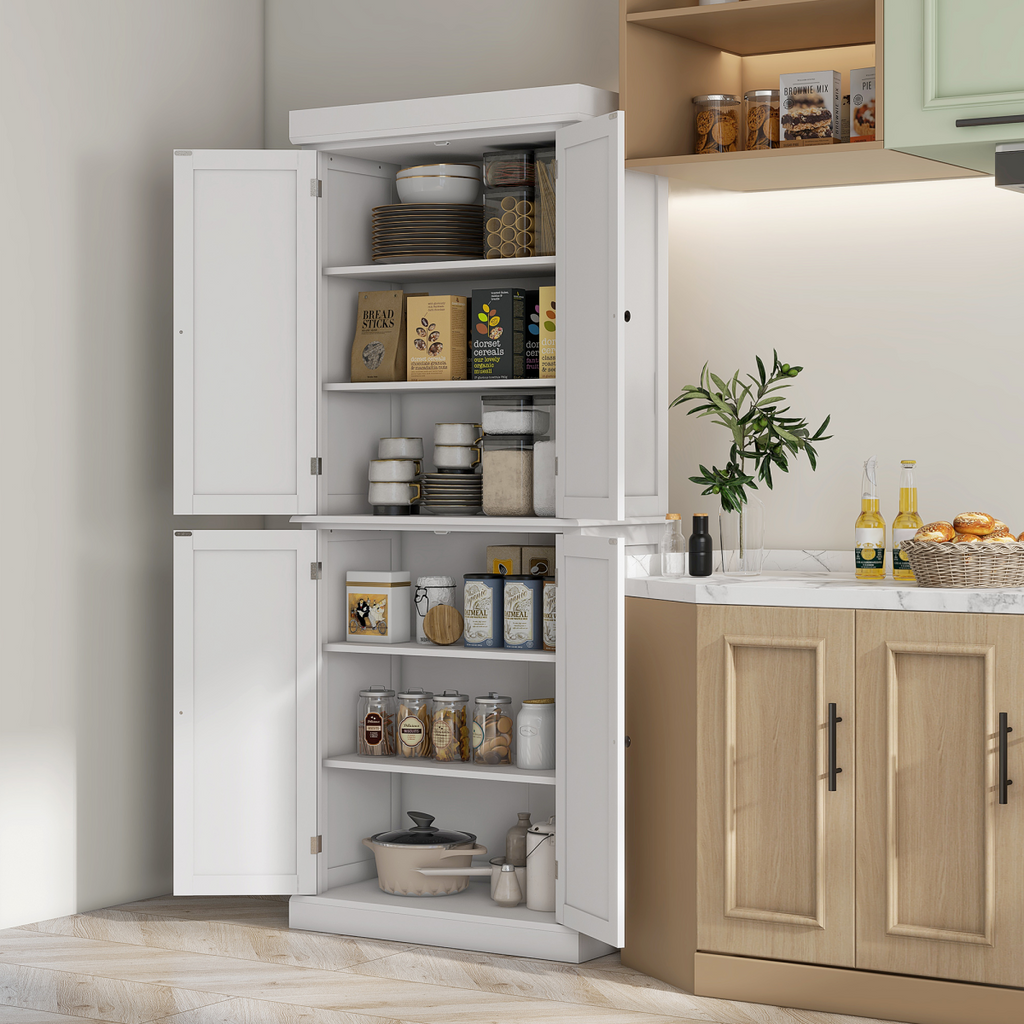 Freestanding Kitchen Cupboard, 6-Tier Cabinet Organizer w/ 4 Adjustable, White