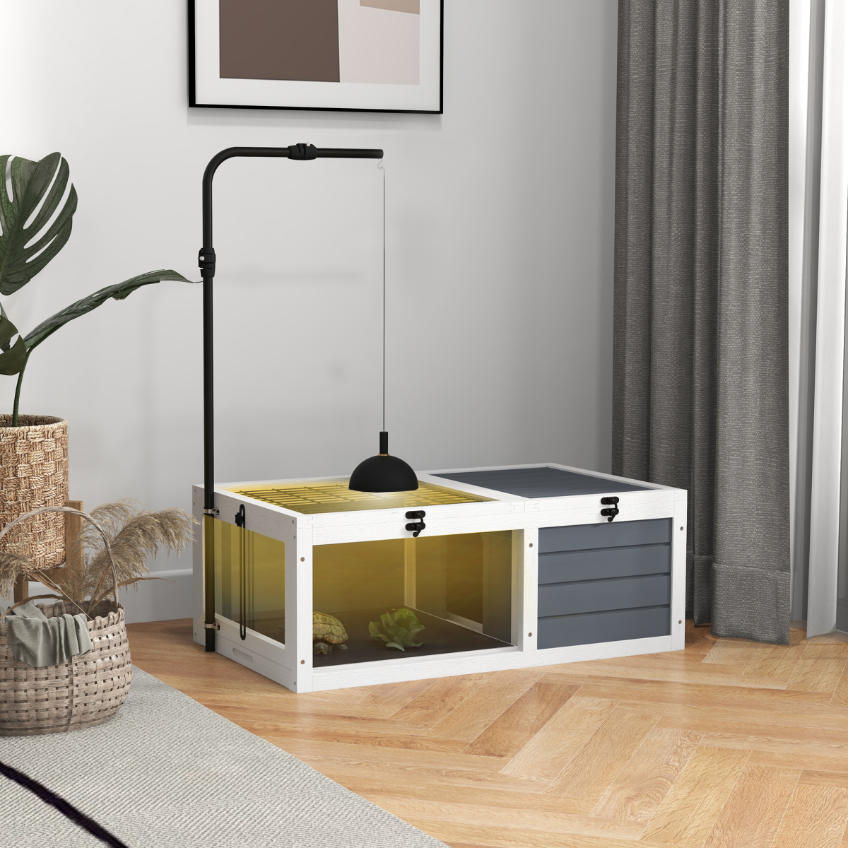 PawHut Tortoise House, Wooden Tortoise Table w/ Adjustable Lamp Holder - Grey