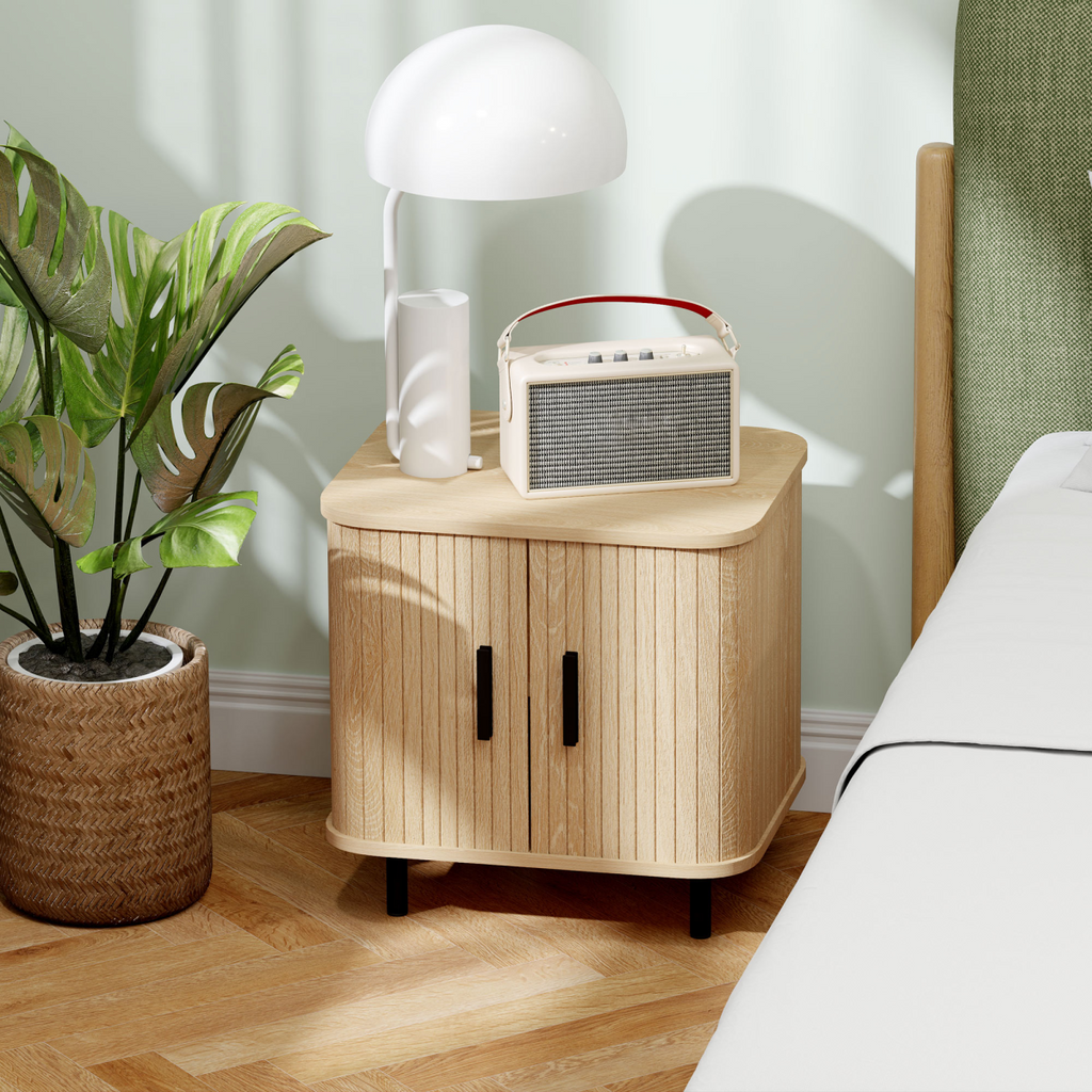 HOMCOM Nightstand with Sliding Doors and Metal Legs for Bedroom Oak Tone