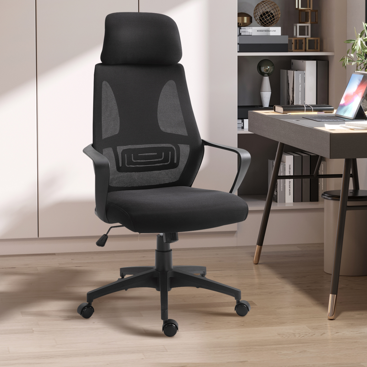 Mesh Back Office Chair with Adjustable Height Padded Headrest Black Vinsetto