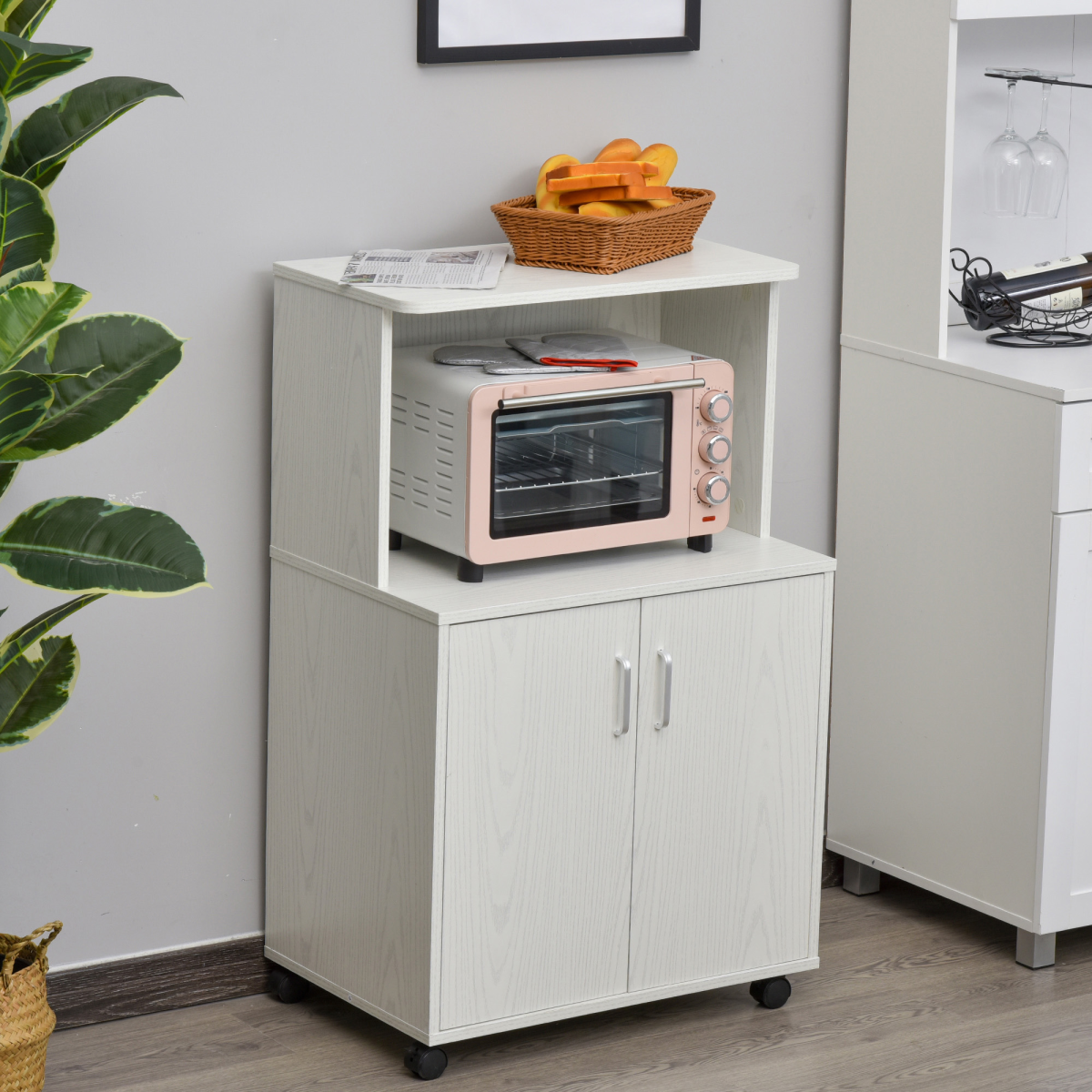 Microwave Cart on Wheels Utility Trolley 97x60.4x40.3cm, White