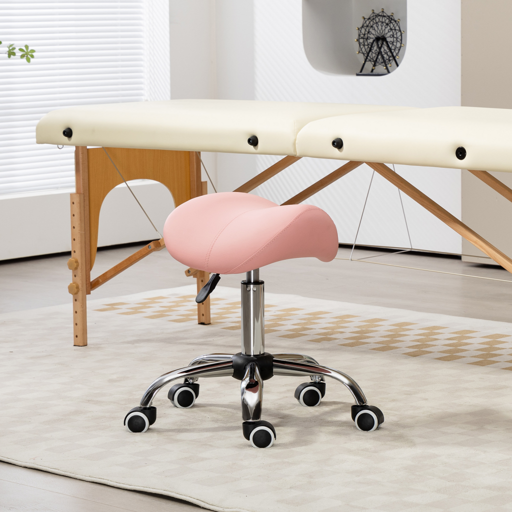 HOMCOM PU Leather Saddle Stool with Moulded Padded Seat Adjustable Height Pink