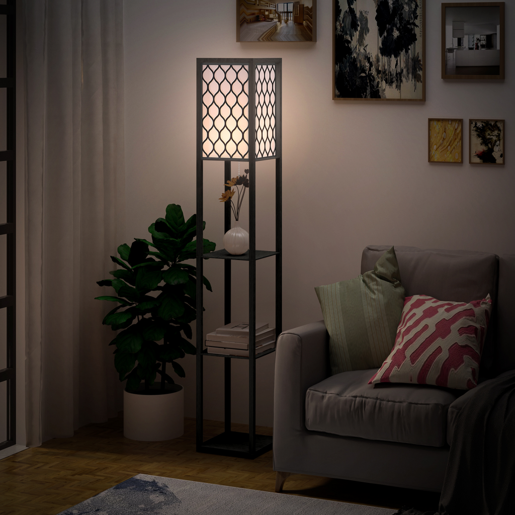 Shelf Floor Lamp W/4-tier Open Shelves Wooden, 26L x 26W x 160Hcm-Black/White