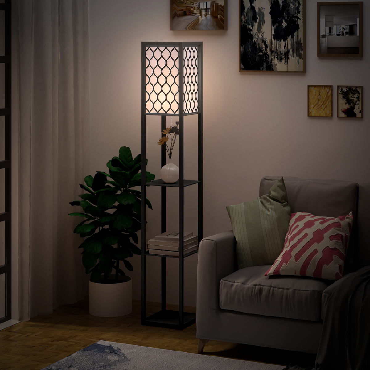 Shelf Floor Lamp W/4-tier Open Shelves Wooden, 26L x 26W x 160Hcm-Black/White