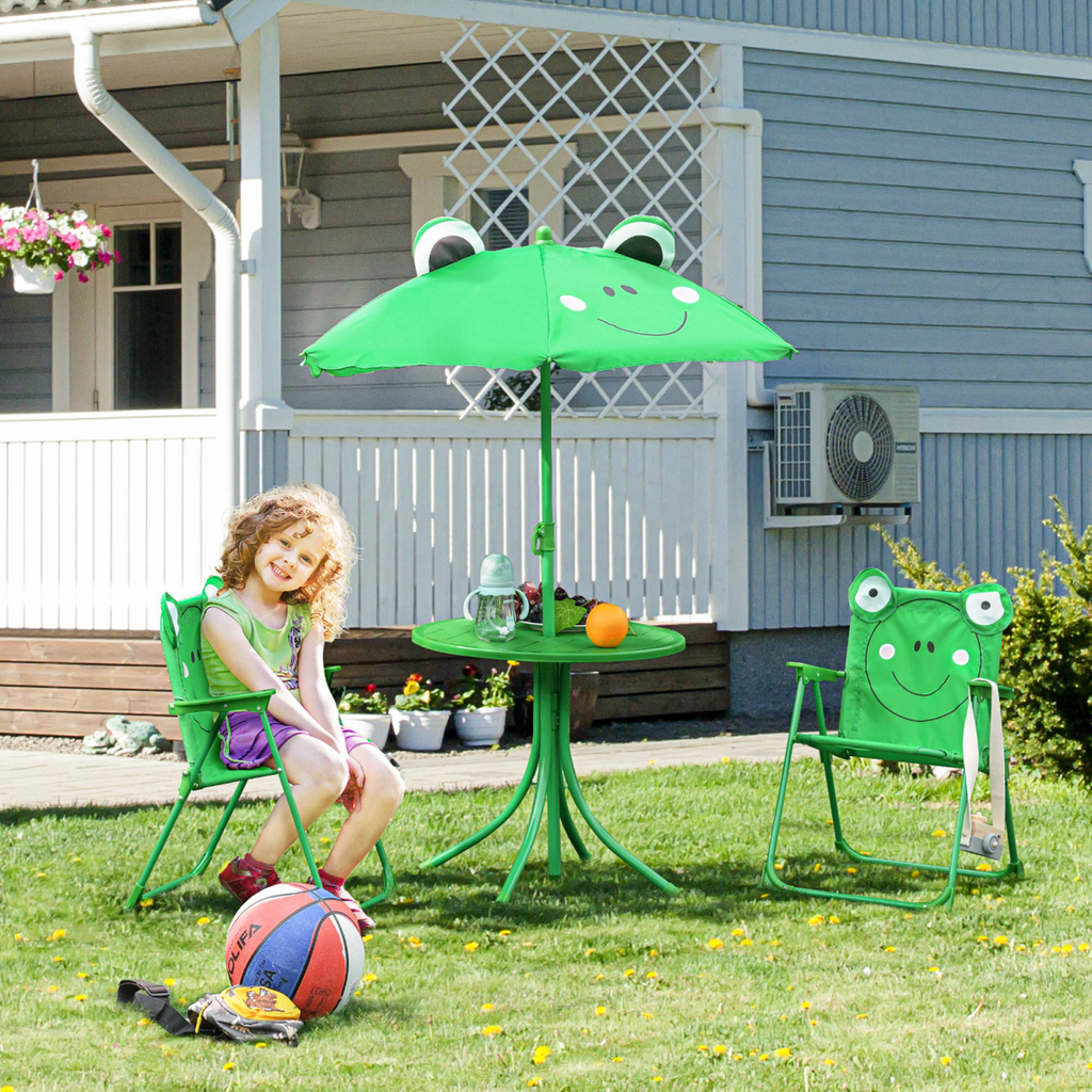 Foldable Patio Kids Metal Picnic Table w/ Frog Umbrella Green 4-piece
