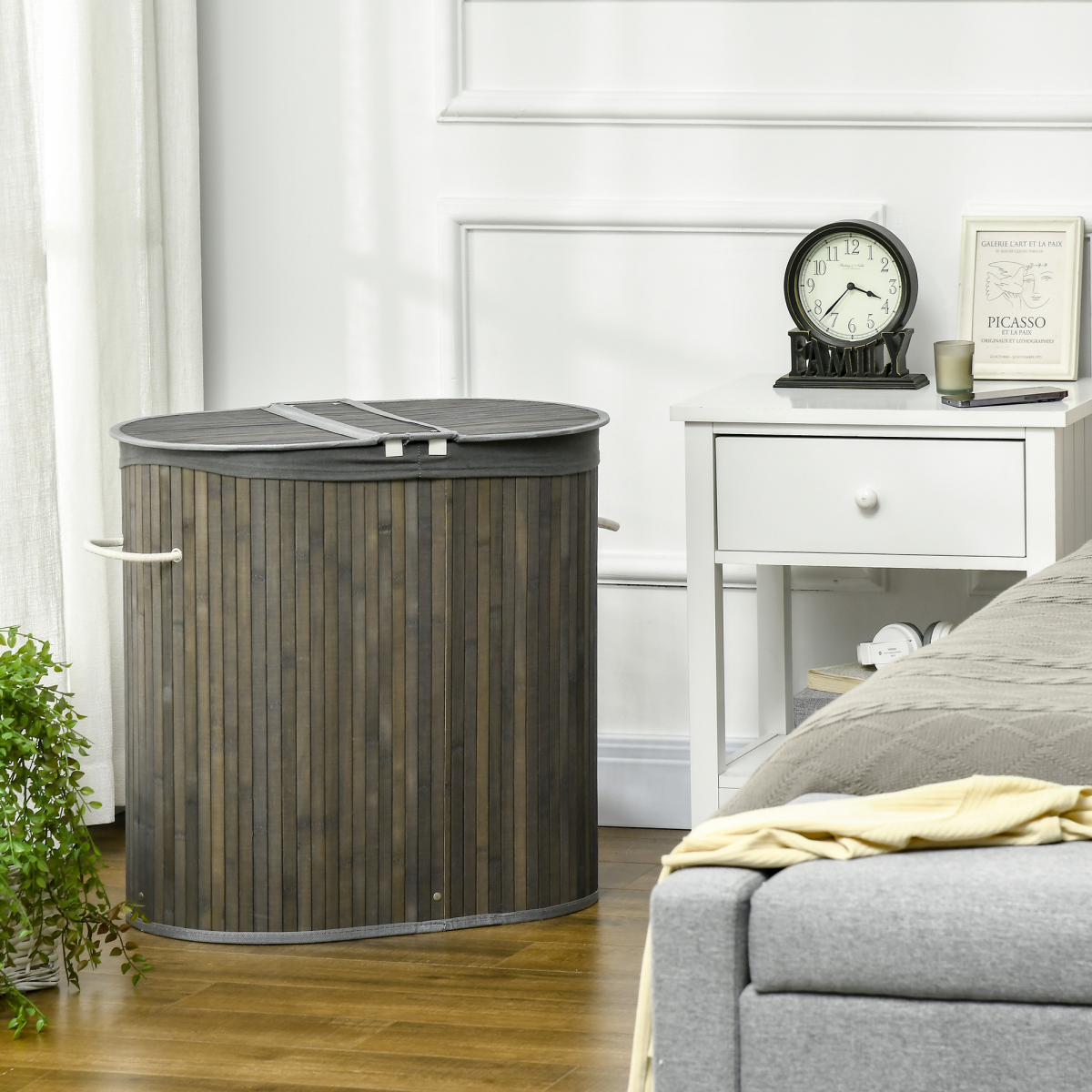 100L Bamboo Laundry Basket with 2 Compartments Washing Baskets Grey HOMCOM