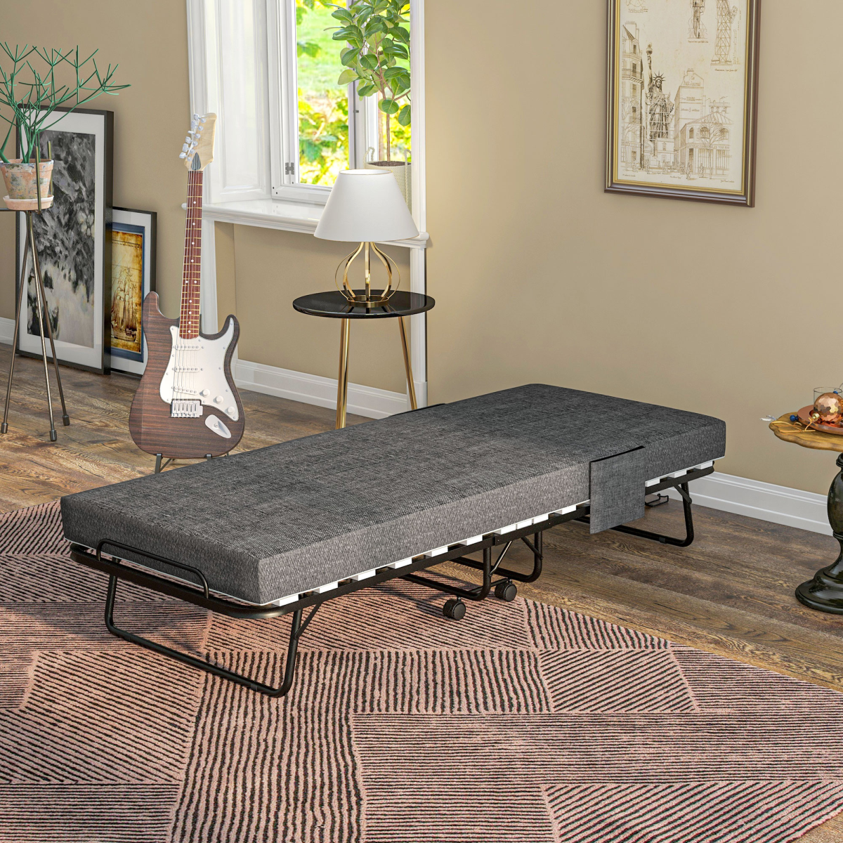 HOMCOM Folding Bed with Mattress Foldable Guest Bed on Wheels with Cover Dark Grey