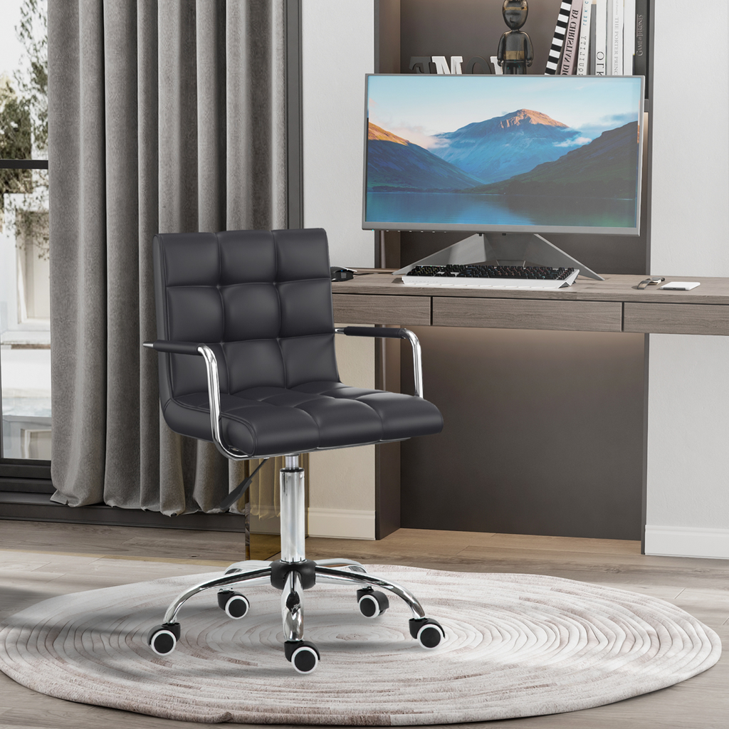 Mid Back PU Leather Home Office Chair Swivel Desk Chair with Arm, Wheel, Black