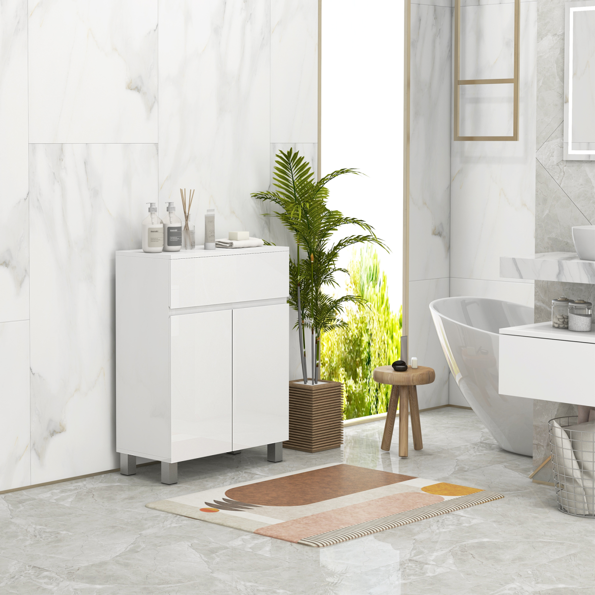 kleankin High Gloss Bathroom Floor Cabinet Storage Cupboard with Drawer