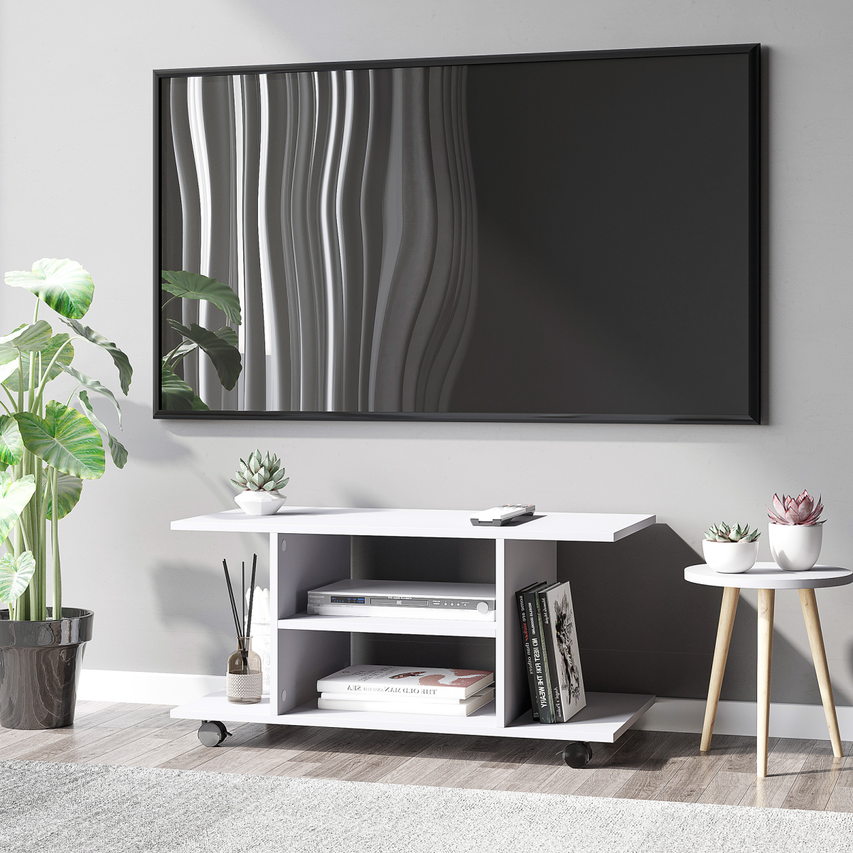 TV Stand Bookshelf Cabinet Modern 3 Tier shelf Storage Wheels in White