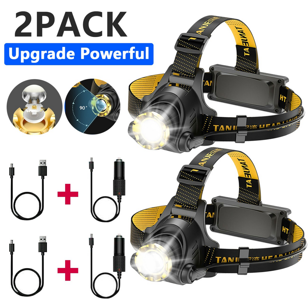 (2 Pack) USB Rechargeable LED Headlamp 3 Modes Head Torch Zoomable Headlight+Car