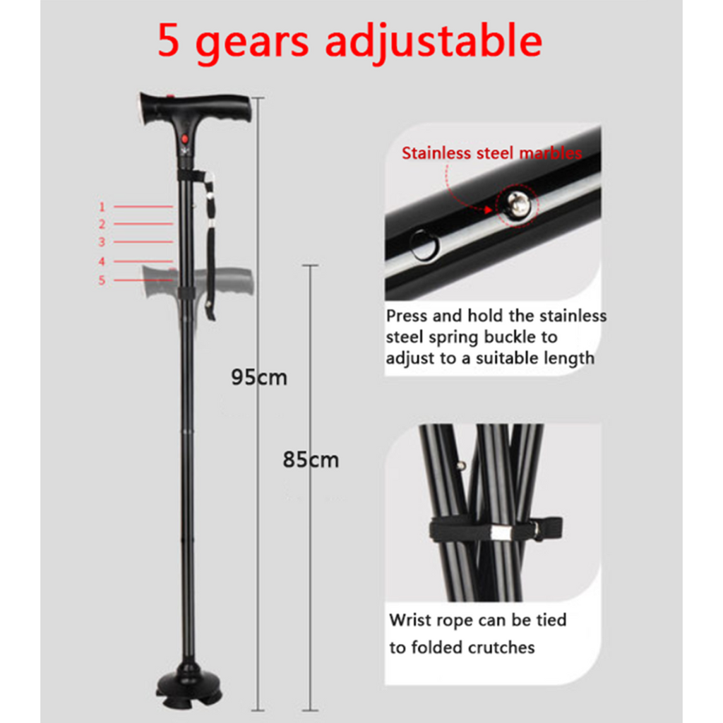 Camping Hiking Walking Stick 5-Level Height Adjustable Folding Walking Cane
