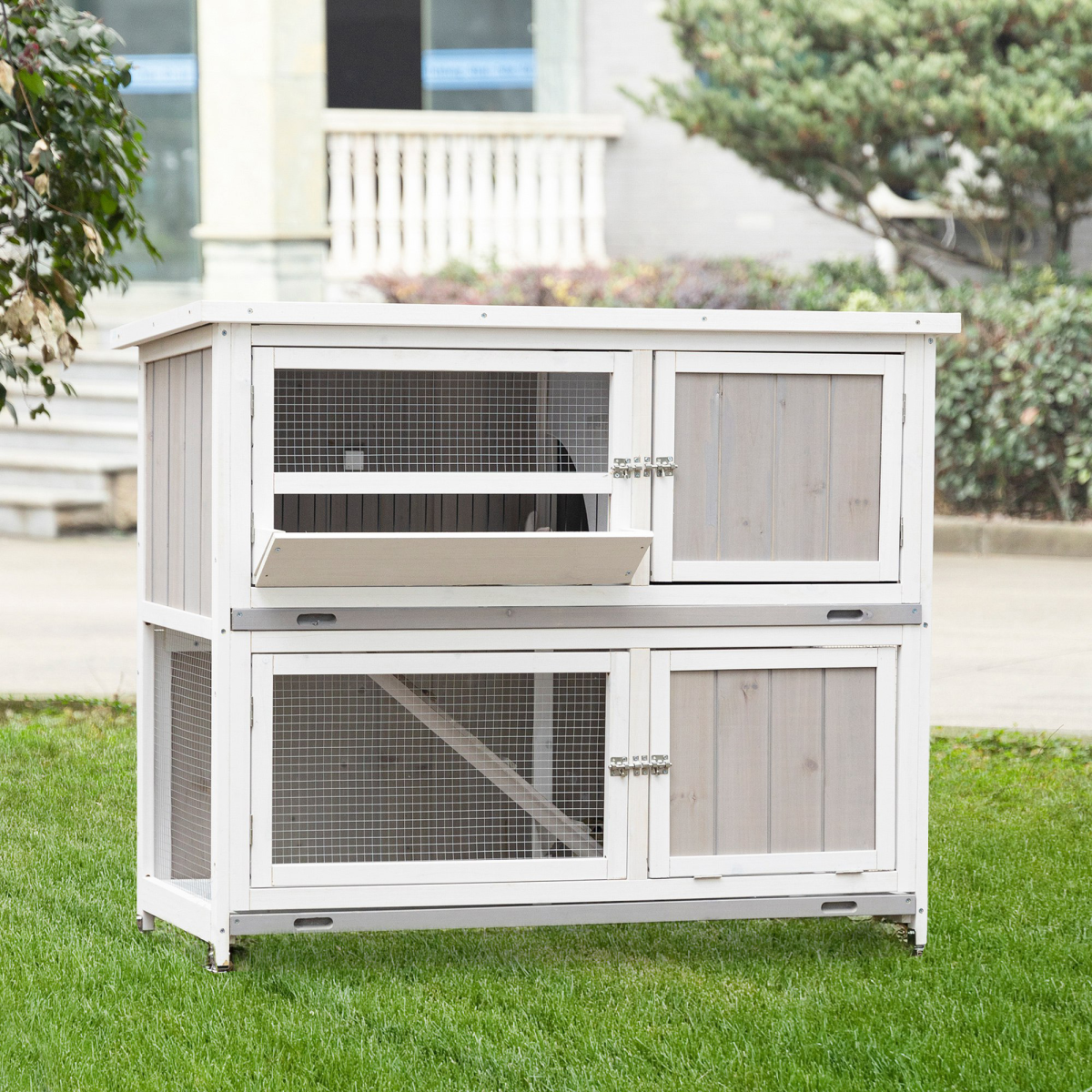 Two-Tier Wooden Rabbit Hutch w/ Wheels, Trough, Rain Cover, Tray - Grey Pawhut