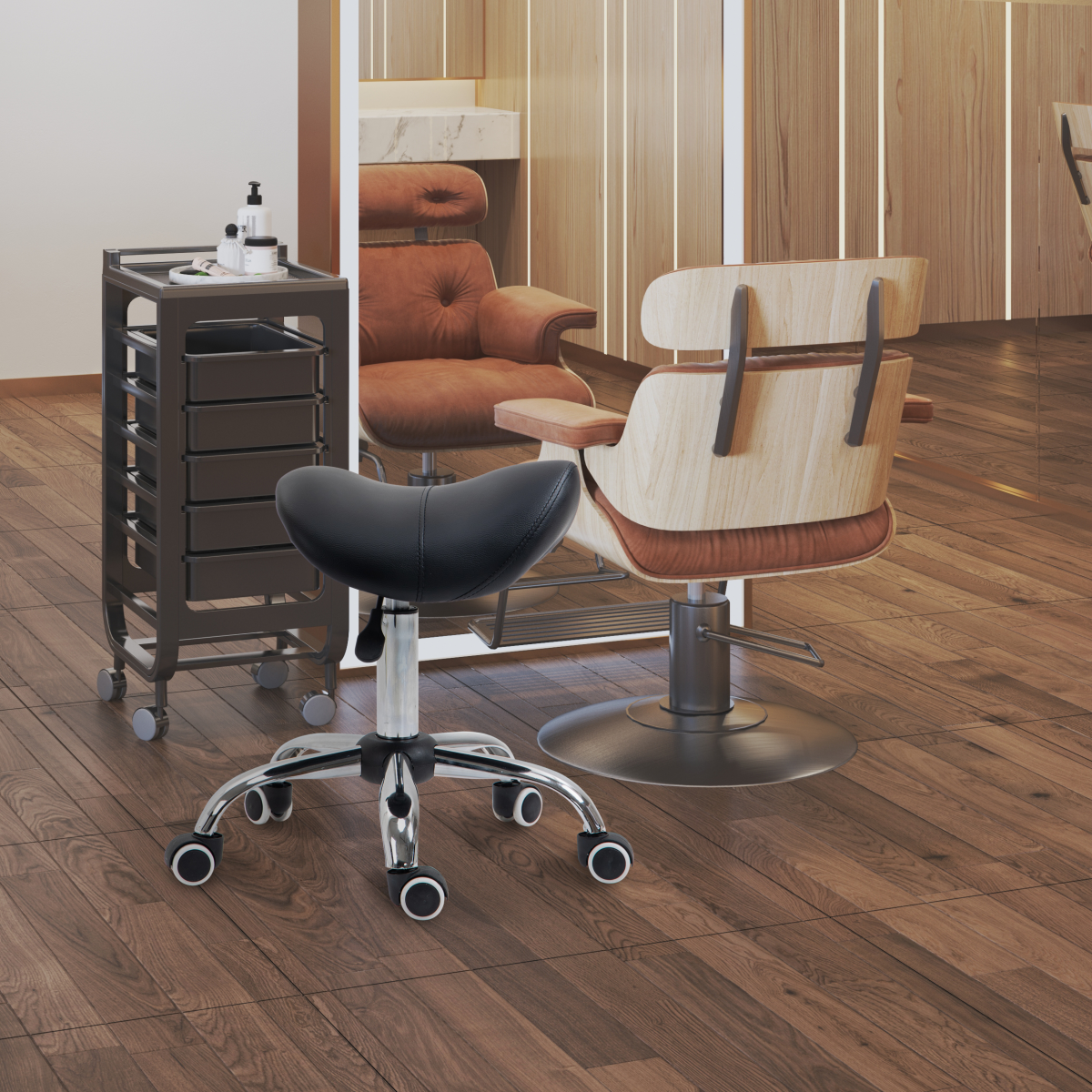PU Leather Saddle Stool with Moulded Padded Seat Adjustable Height 5 Wheels Black