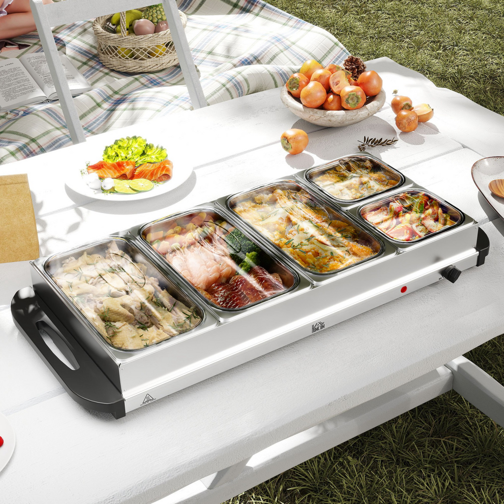 HOMCOM Electric Food Warmer 5 Tray, 9.2L Buffet Server with Lids, Silver