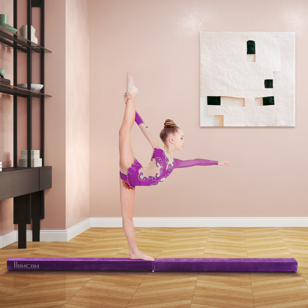 HOMCOM Balance Beam Trainer Fold Performance Gymnastics Suede Purple 2.4M Home