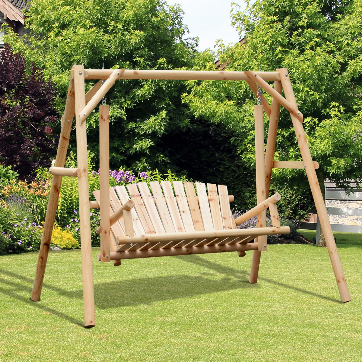 Outdoor 2 Seater Porch Swing Wooden Rustic Patio Bench Hammock w/ Armrest