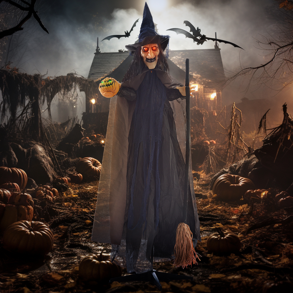 HOMCOM Halloween Witch with Broomstick Animatronic Prop with Light Up Eyes