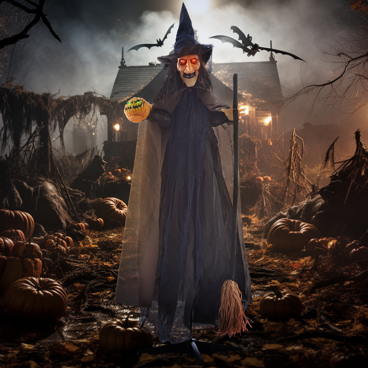 HOMCOM Halloween Witch with Broomstick Animatronic Prop with Light Up Eyes