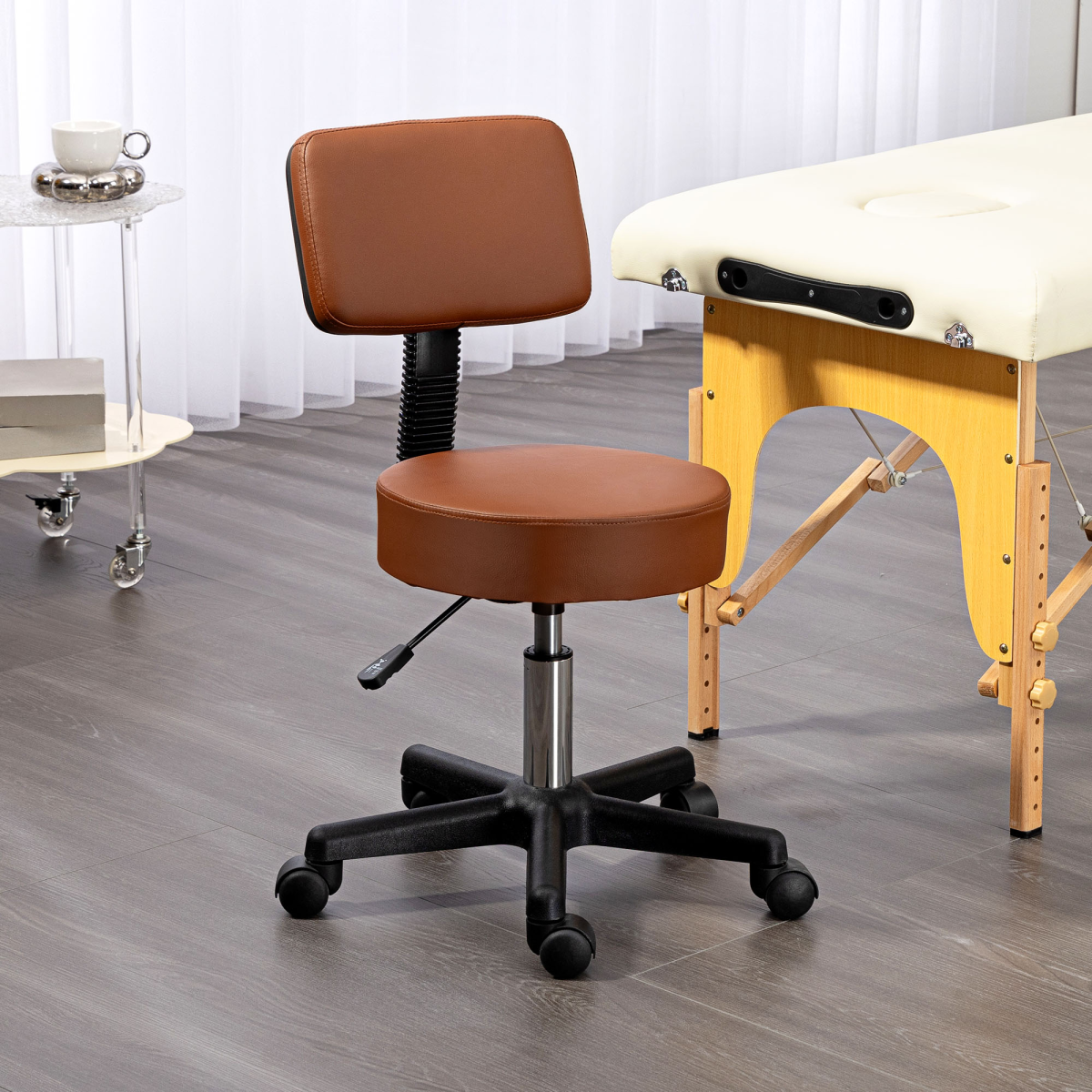 HOMCOM Adjustable Swivel Salon Chair Padded Seat Back 5 Wheels Brown