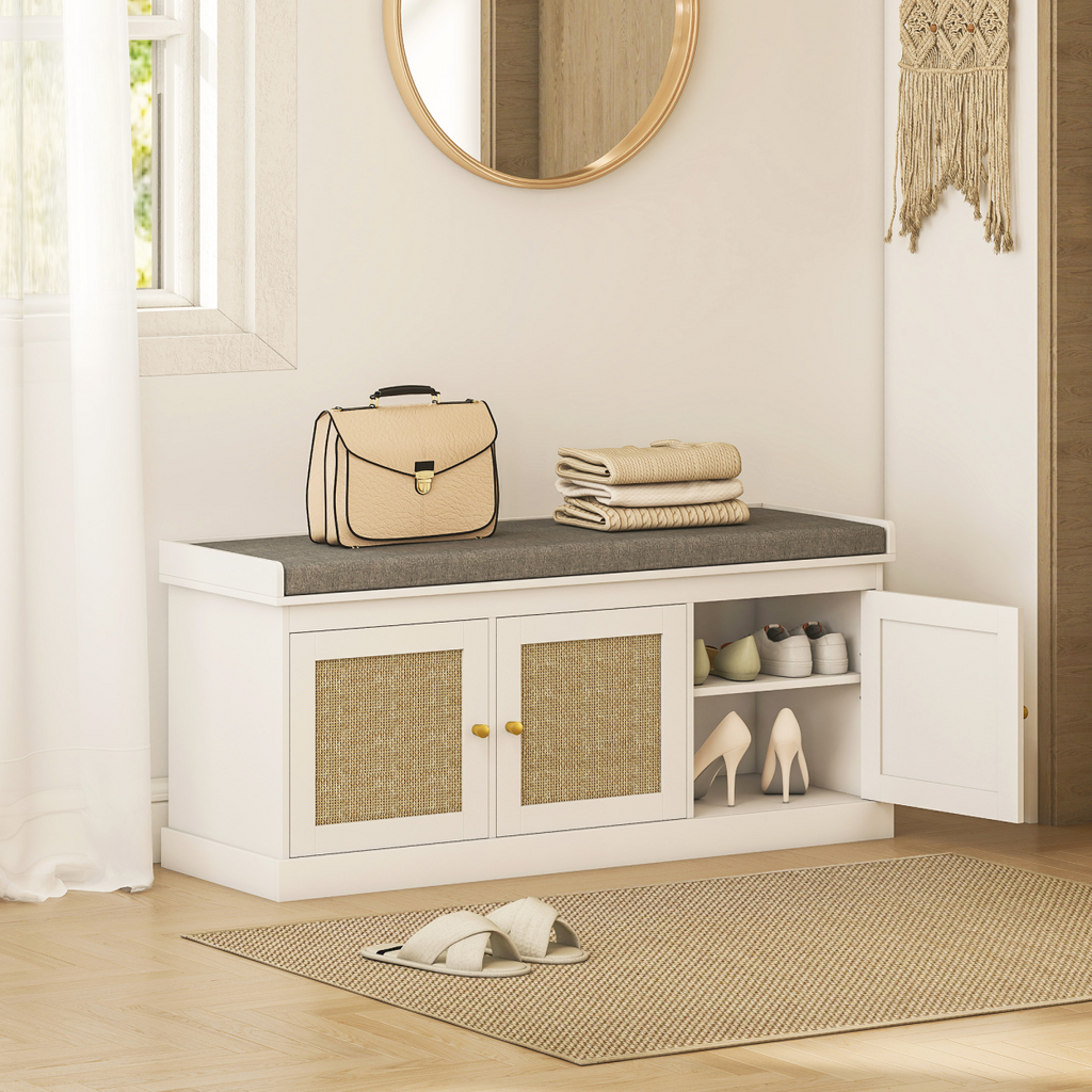 HOMCOM Shoe Storage Bench with Rattan Doors, Cushion, Entryway Shoe Bench