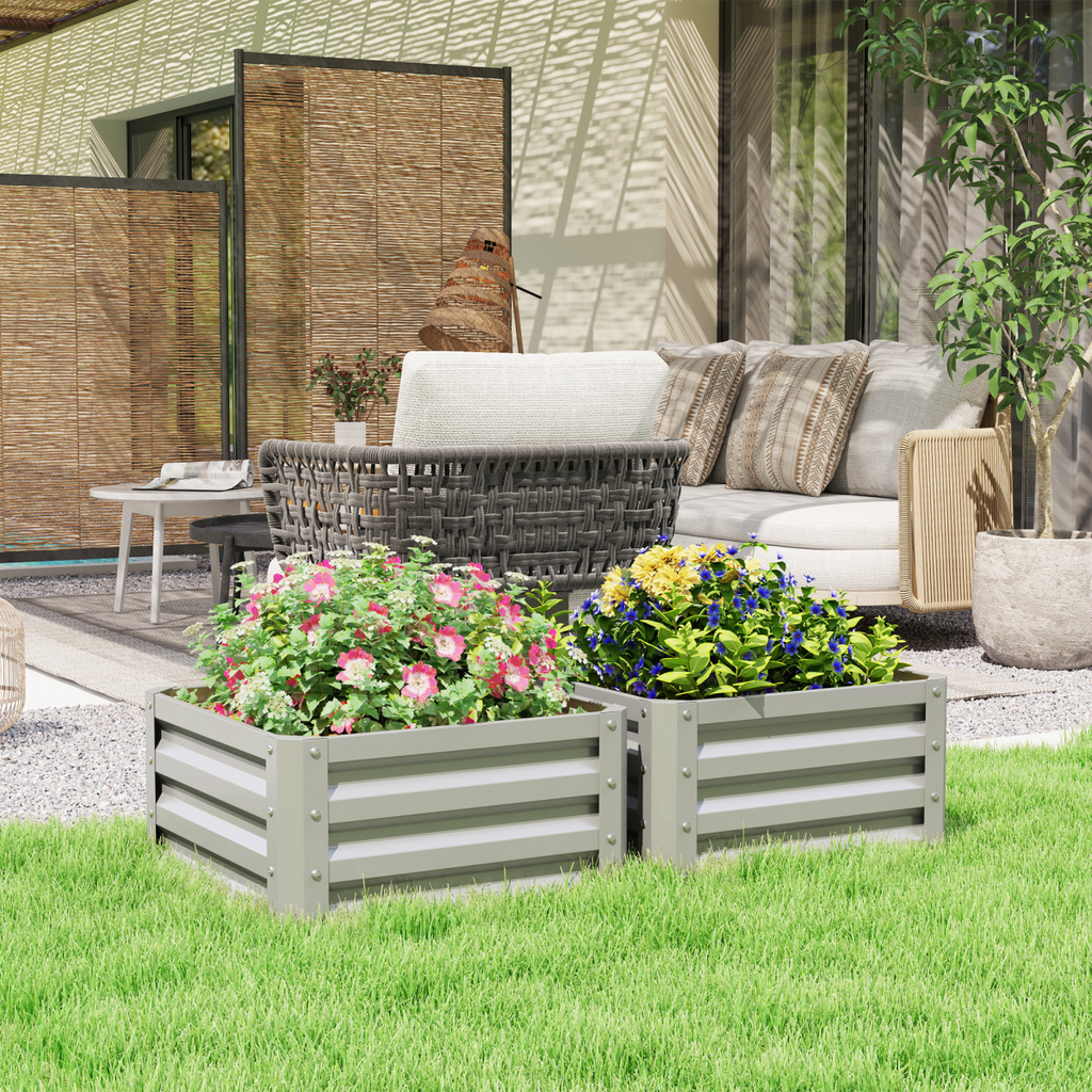 Outsunny Set of 2 Raised Garden Bed Galvanised Planter Box, Light Grey