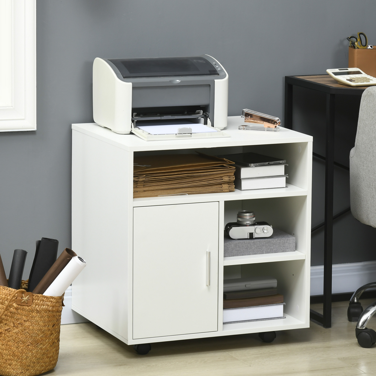 Multi-Storage Printer Unit Office Organisation with 5 Compartments White HOMCOM