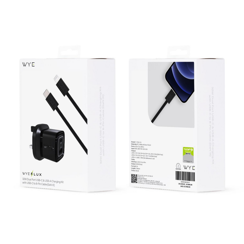 WYEFLUX 32W Dual Port USB-C & USB-A Charging Kit With USB-C to 8-Pin Cable (Gan III)