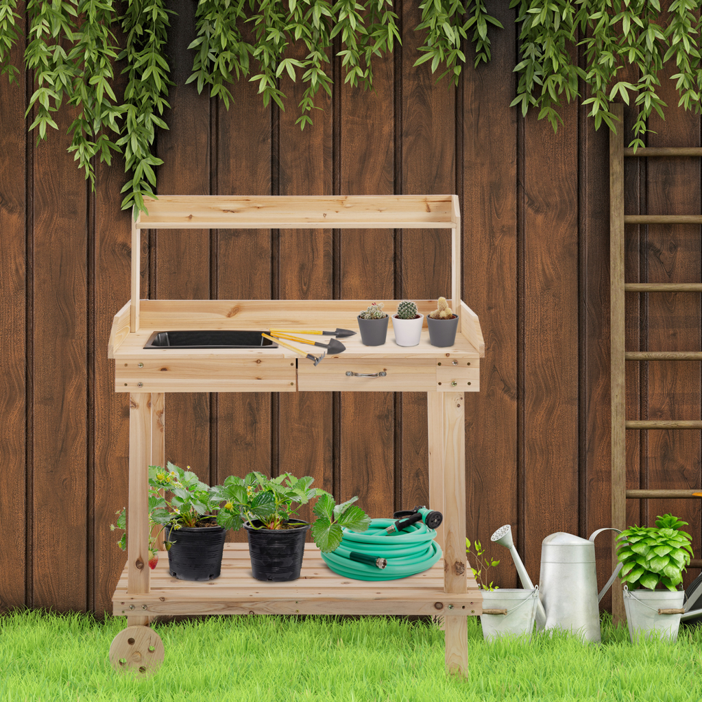 Wooden Bench Work Table & 2 Wheels, Sink, Drawer & Storage Spaces, 92x45x119cm