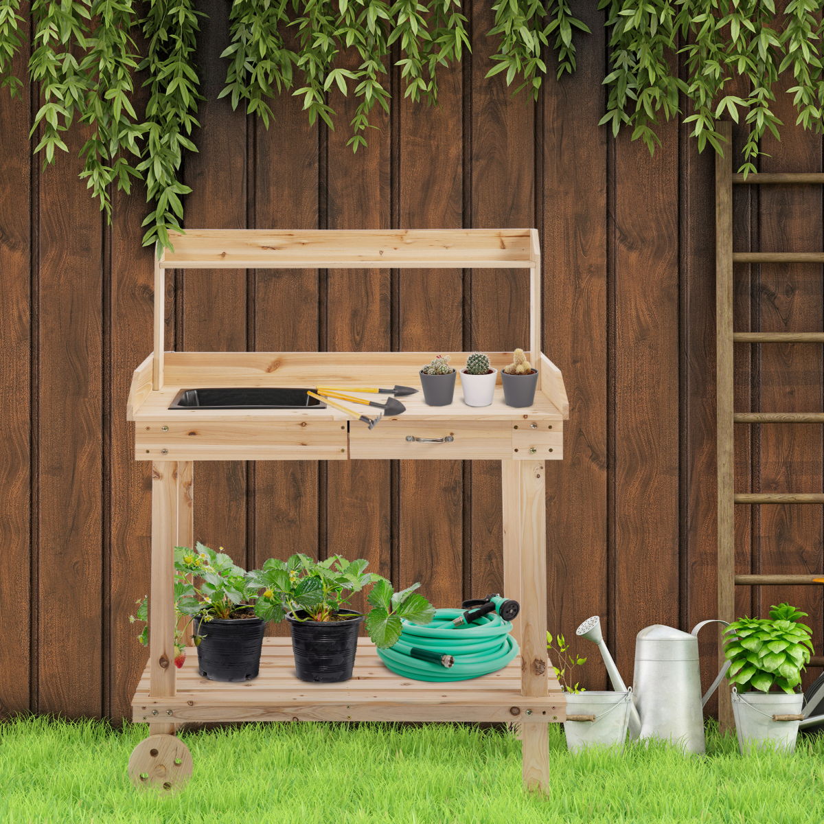 Wooden Bench Work Table & 2 Wheels, Sink, Drawer & Storage Spaces, 92x45x119cm