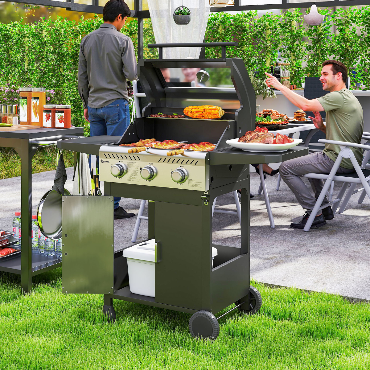 Outsunny 3 Burner Propane Gas BBQ Grill with See-through Lid and Thermometer