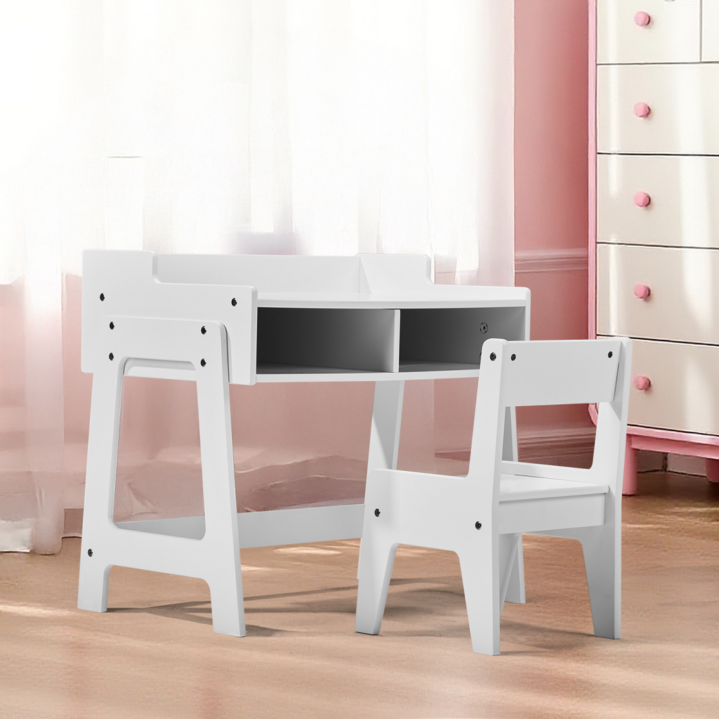 White Kids Study Desk and Chair Set with Storage, MDF, 60.5*41.5*50cm