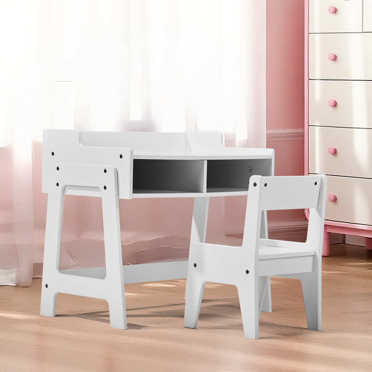 White Kids Study Desk and Chair Set with Storage, MDF, 60.5*41.5*50cm