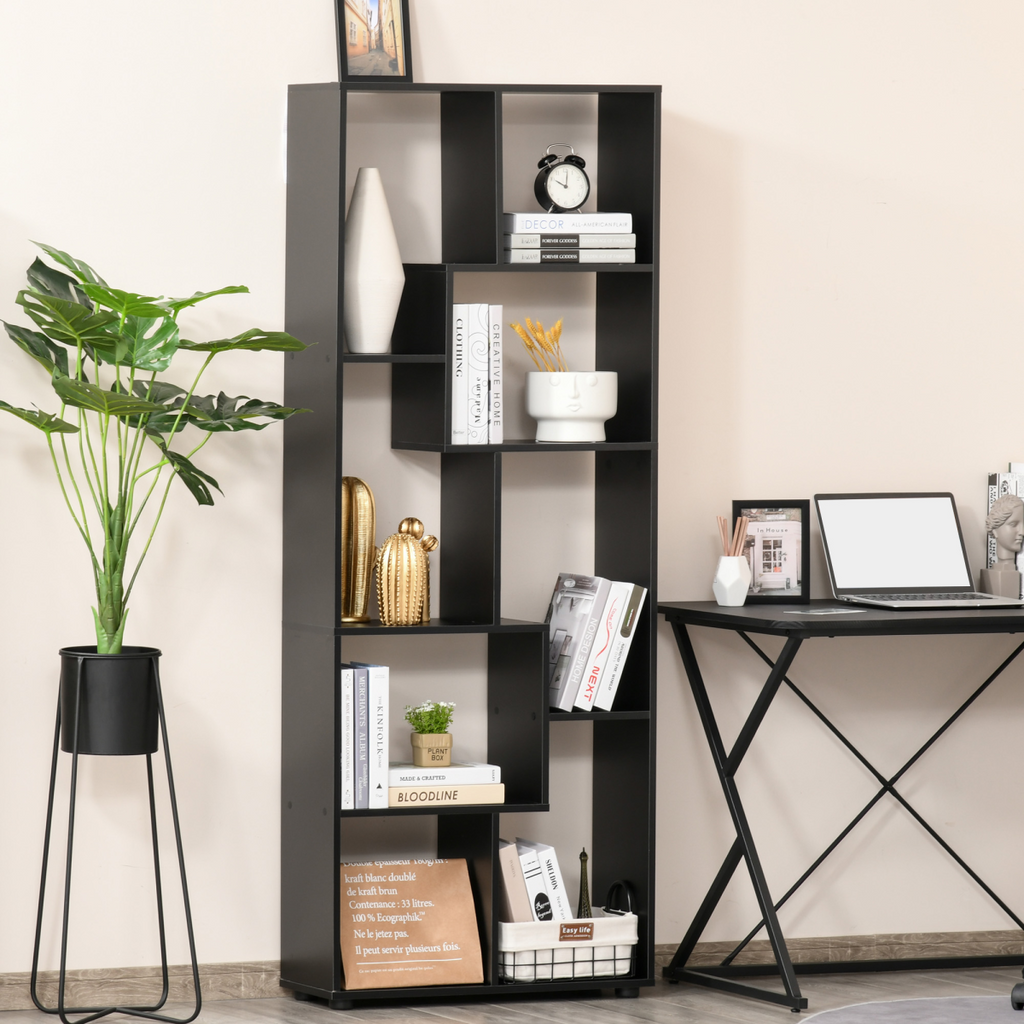 178cm 8-Shelf Bookcase w/ Melamine Surface Foot Pads Black Multipurpose 8-Grid