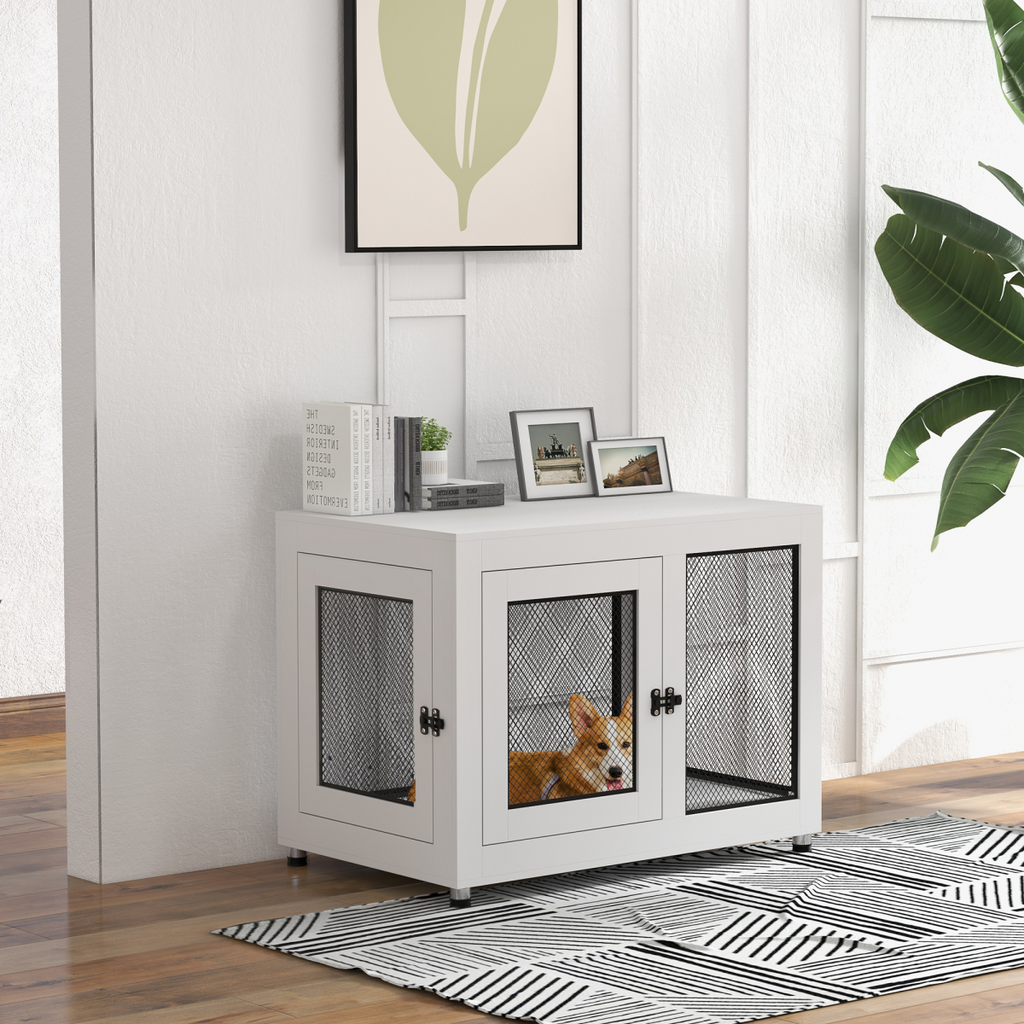 Dog Kennel Furniture End Table w/ Two Doors, Soft Cushion for Large, Medium Dogs