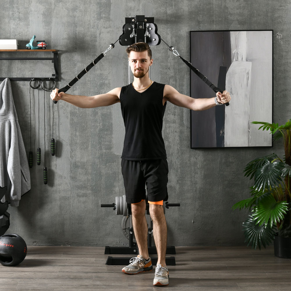 SPORTNOW Wall Mount Cable Station with 15 Positions Adjustable Dual Pulleys