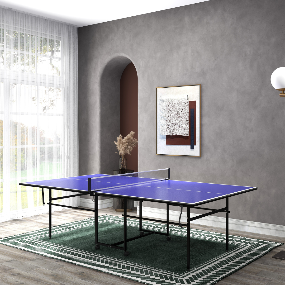 SPORTNOW 9FT Folding Table Tennis Table with 4 Wheels, for Indoors, Blue